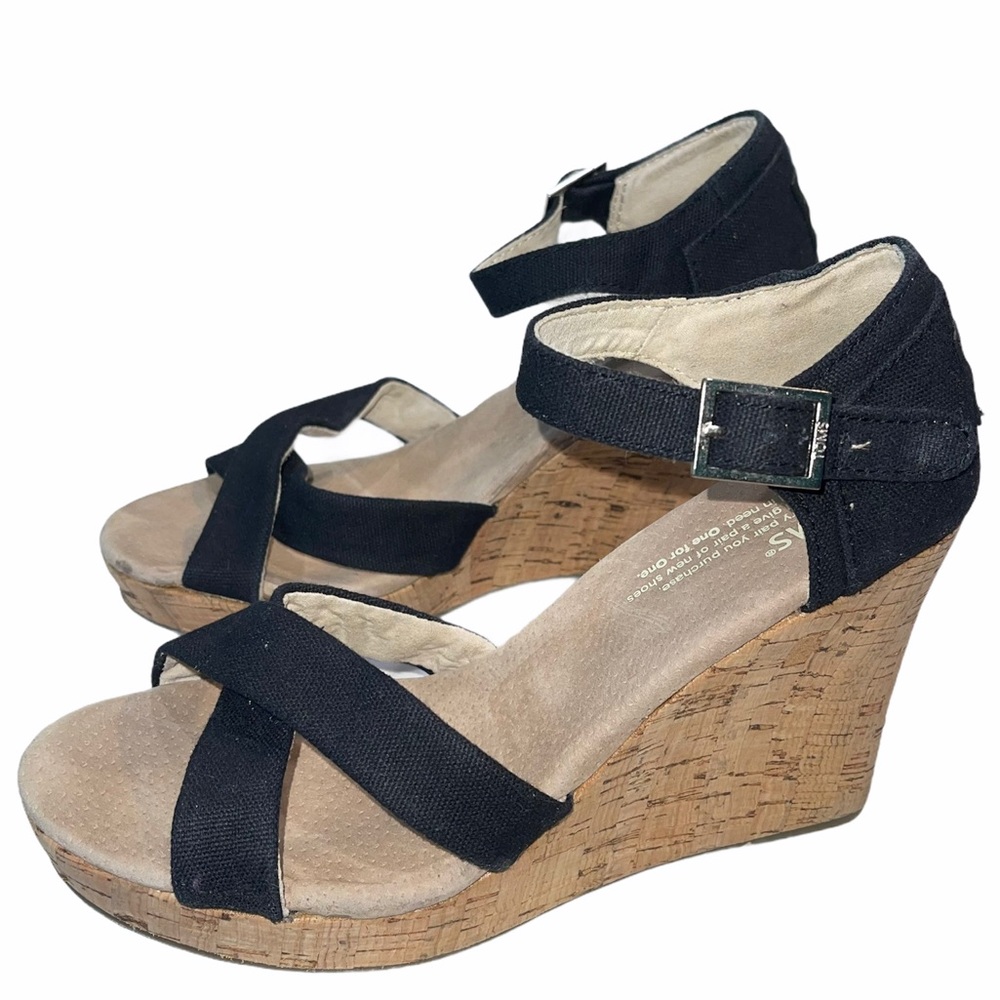 Toms Wedge Black Open Toe Sandals - 7.5